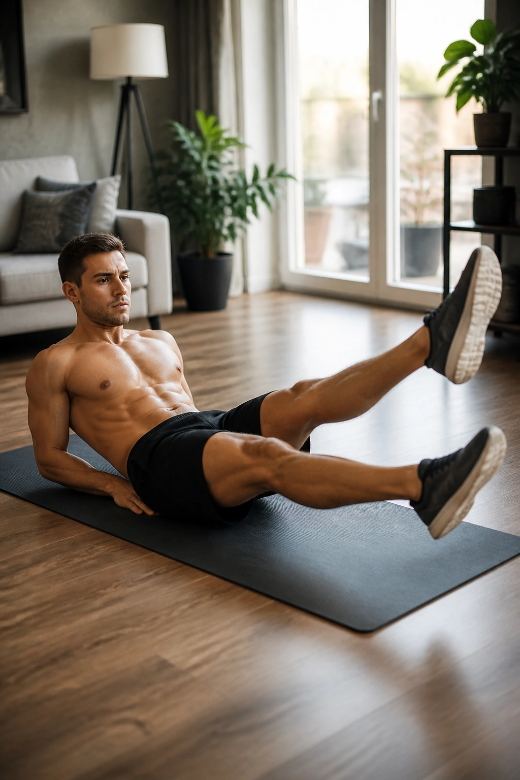 Mid-shot of scissor kicks being performed on a home workout mat