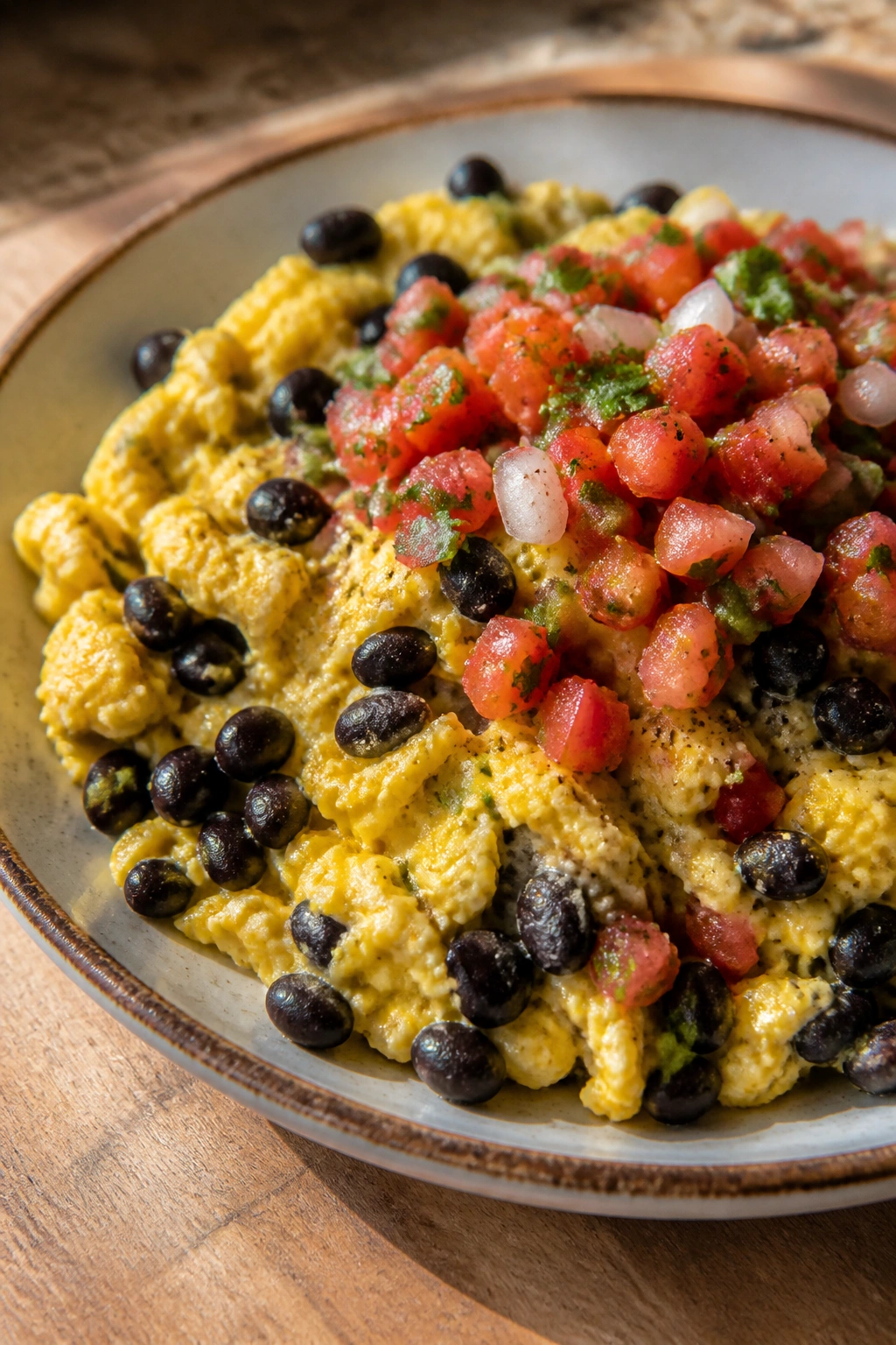 Close-up of scrambled eggs with black beans and salsa on a rustic plate