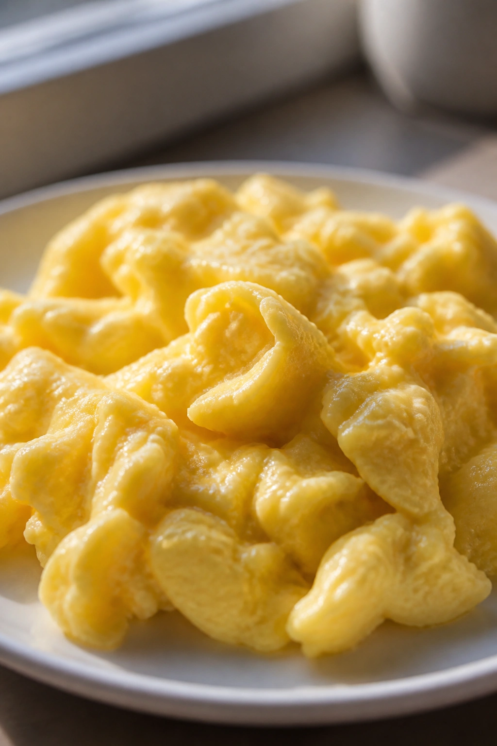 Close-up of soft scrambled eggs on a white plate in a sunlit kitchen