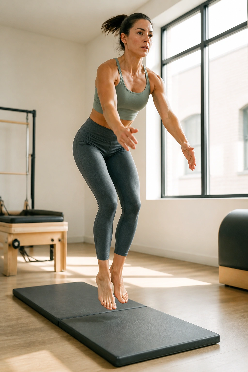 Medium full-body shot of a person performing Seal with a Jump-Up on a mat