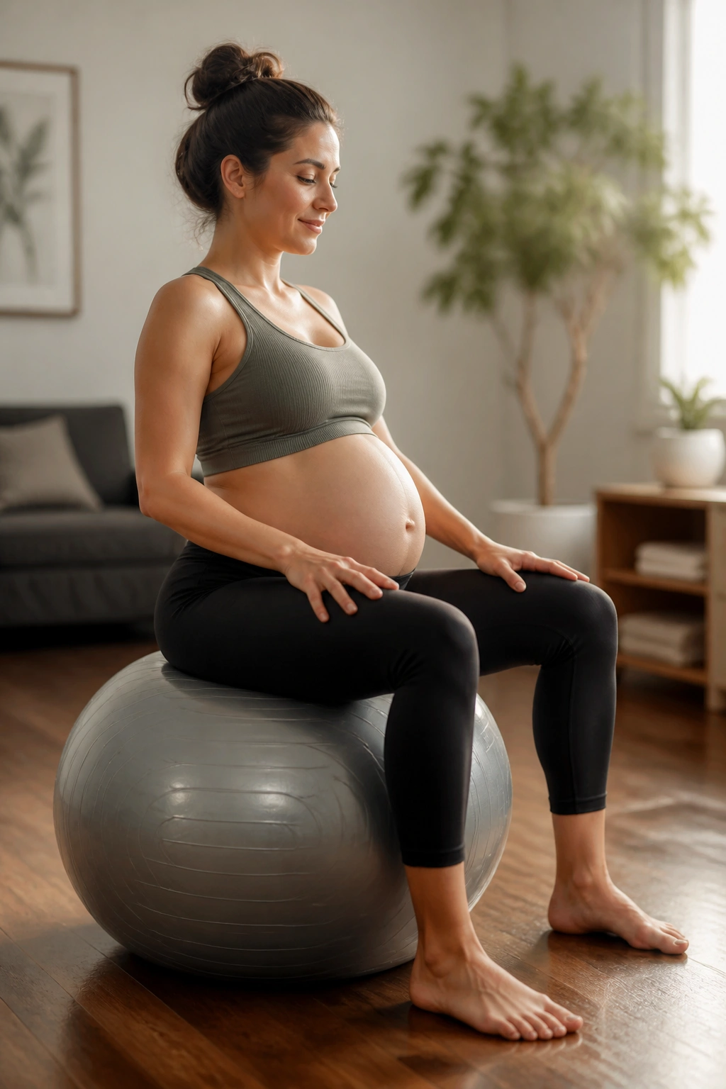 Pregnant person performing Seated Ball Circles on stability ball