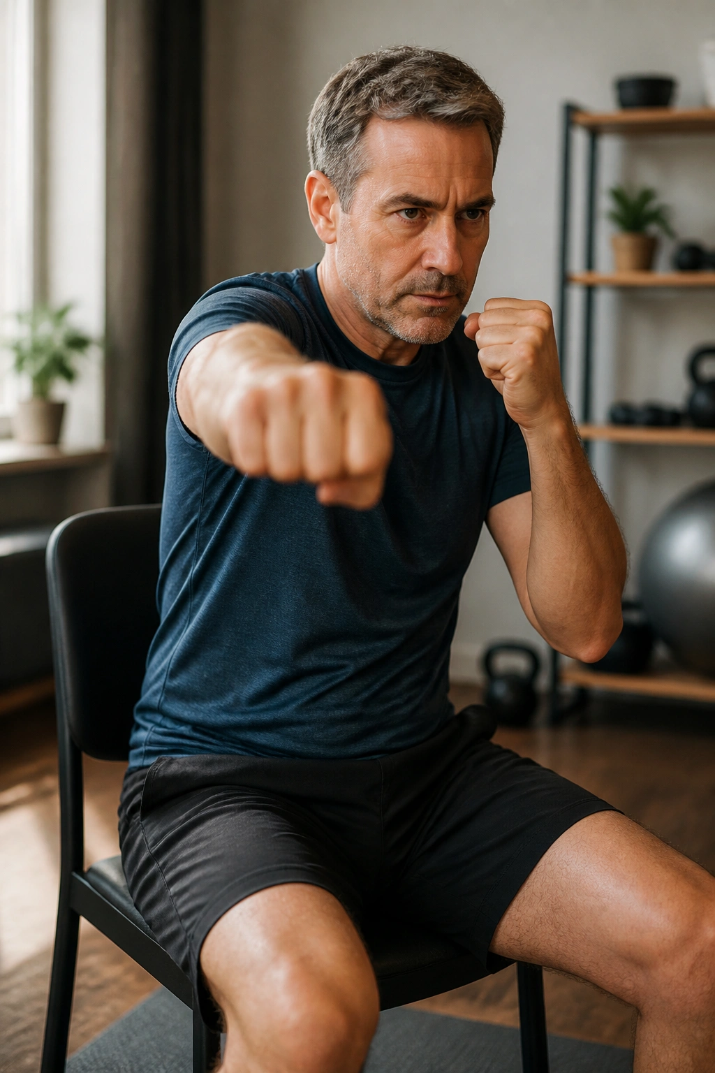 Real person seated boxing punches in air during shadow boxing rounds