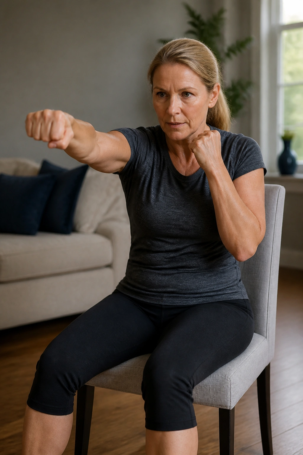 Person seated boxing with fists up and upper body engaged in a knee-friendly cardio interval