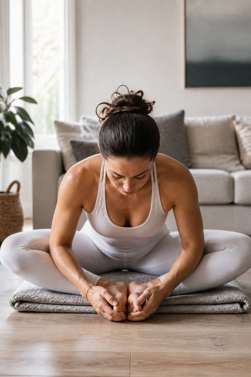 Person seated in butterfly stretch hinging forward in living room
