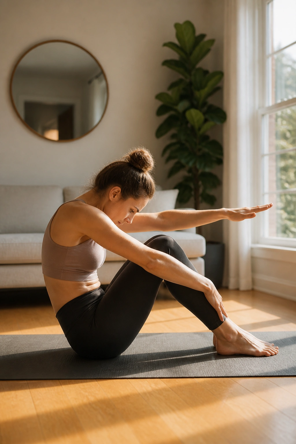 Mid-shot of a person performing Seated C-Curve Lean with rounded spine and tucked pelvis