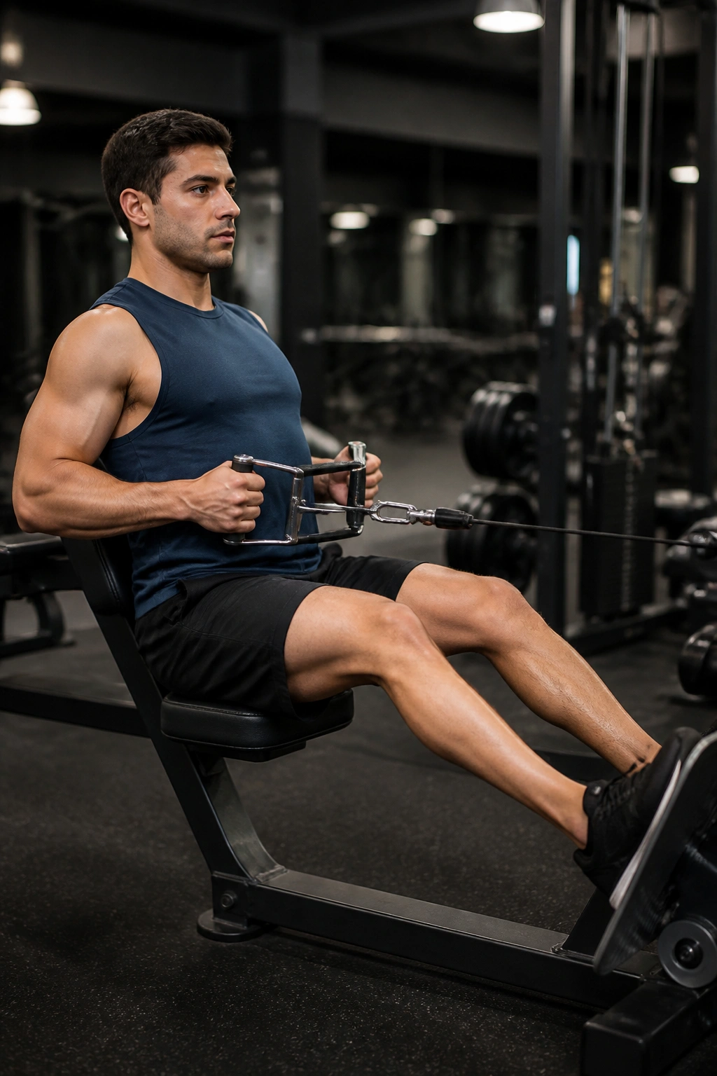 Person performing seated cable row in gym