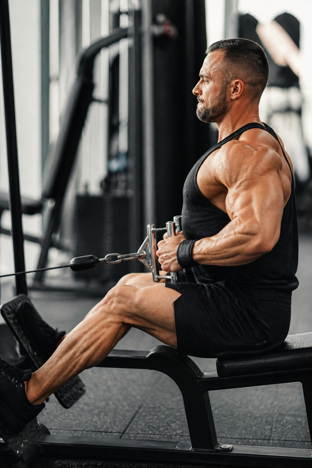 Back-focused close-up of seated cable row with strong contraction