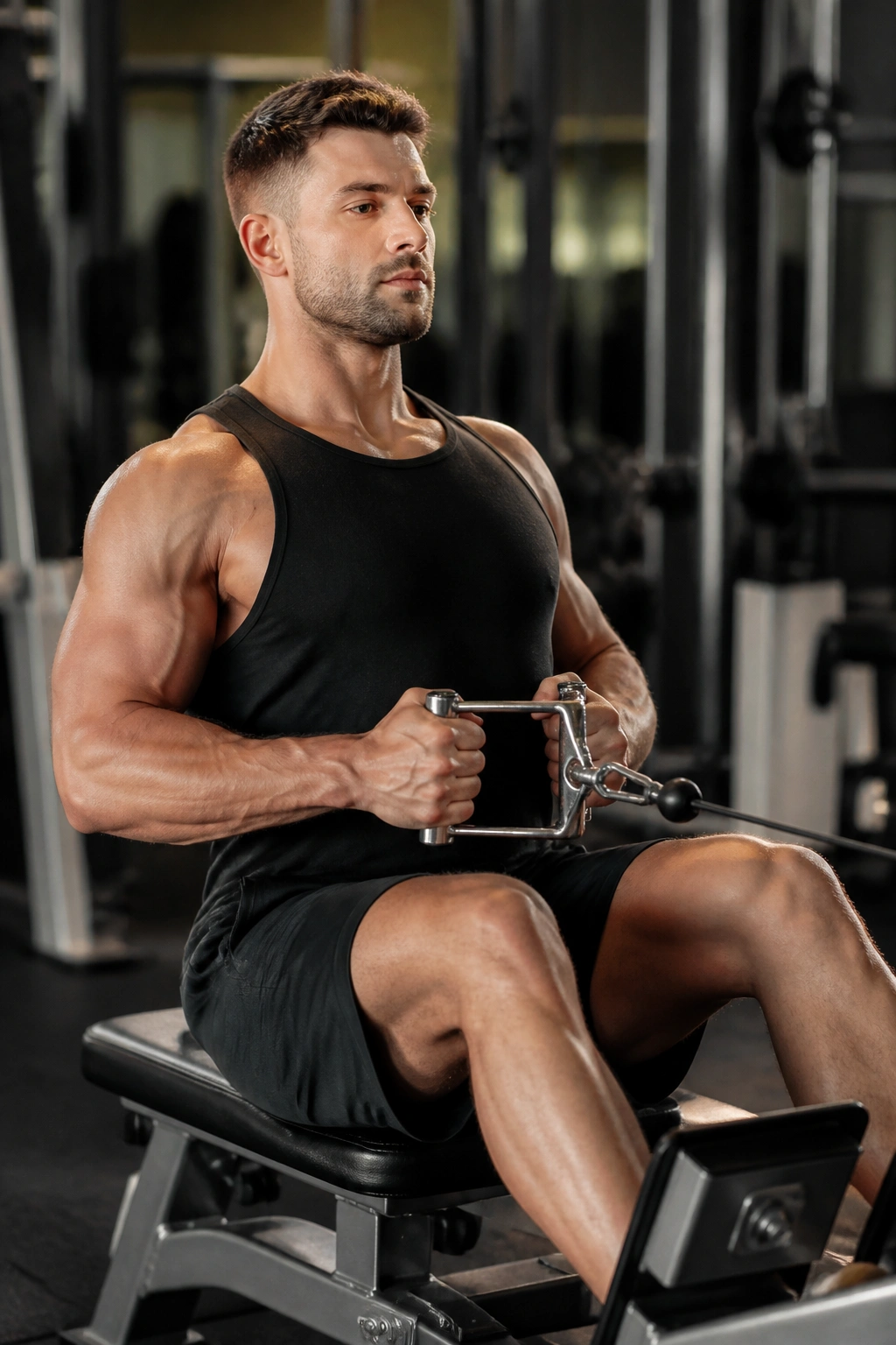 Medium-close portrait of a person performing seated cable rows in a gym