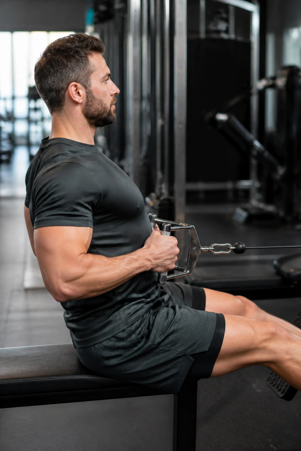 Seated cable row position with pause, torso upright
