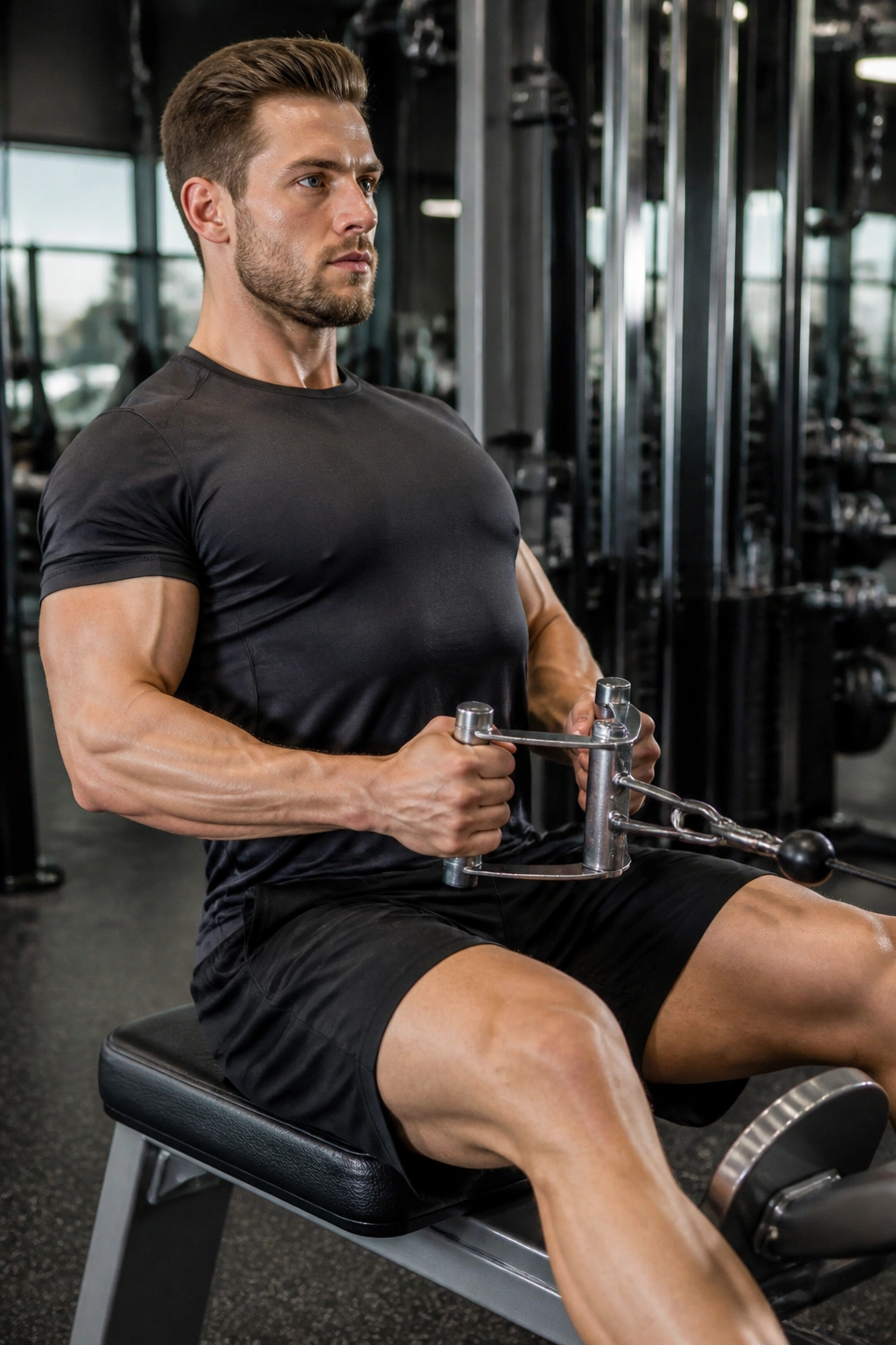 Person performing seated cable row with neutral grip in gym setting