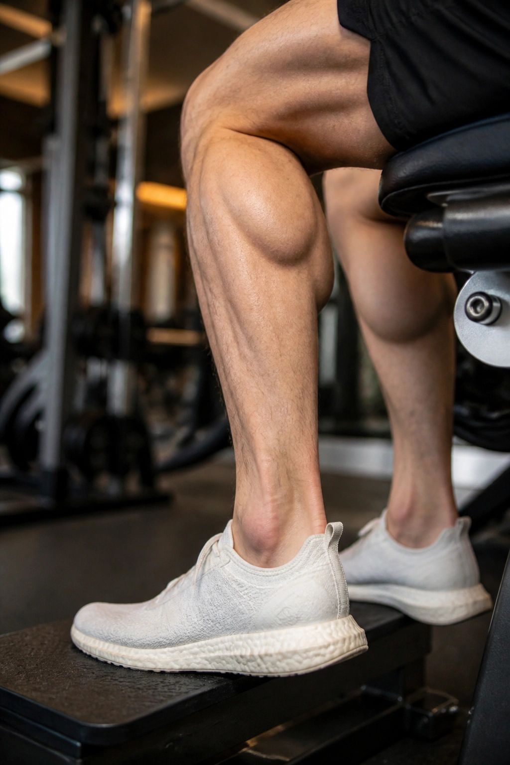 Lower legs in seated calf raise machine with strong calf contraction