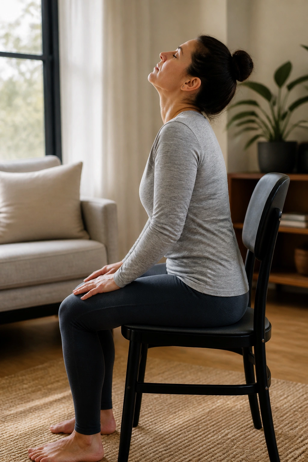 Medium close-up of a person performing seated cat-cow in a chair for back mobility