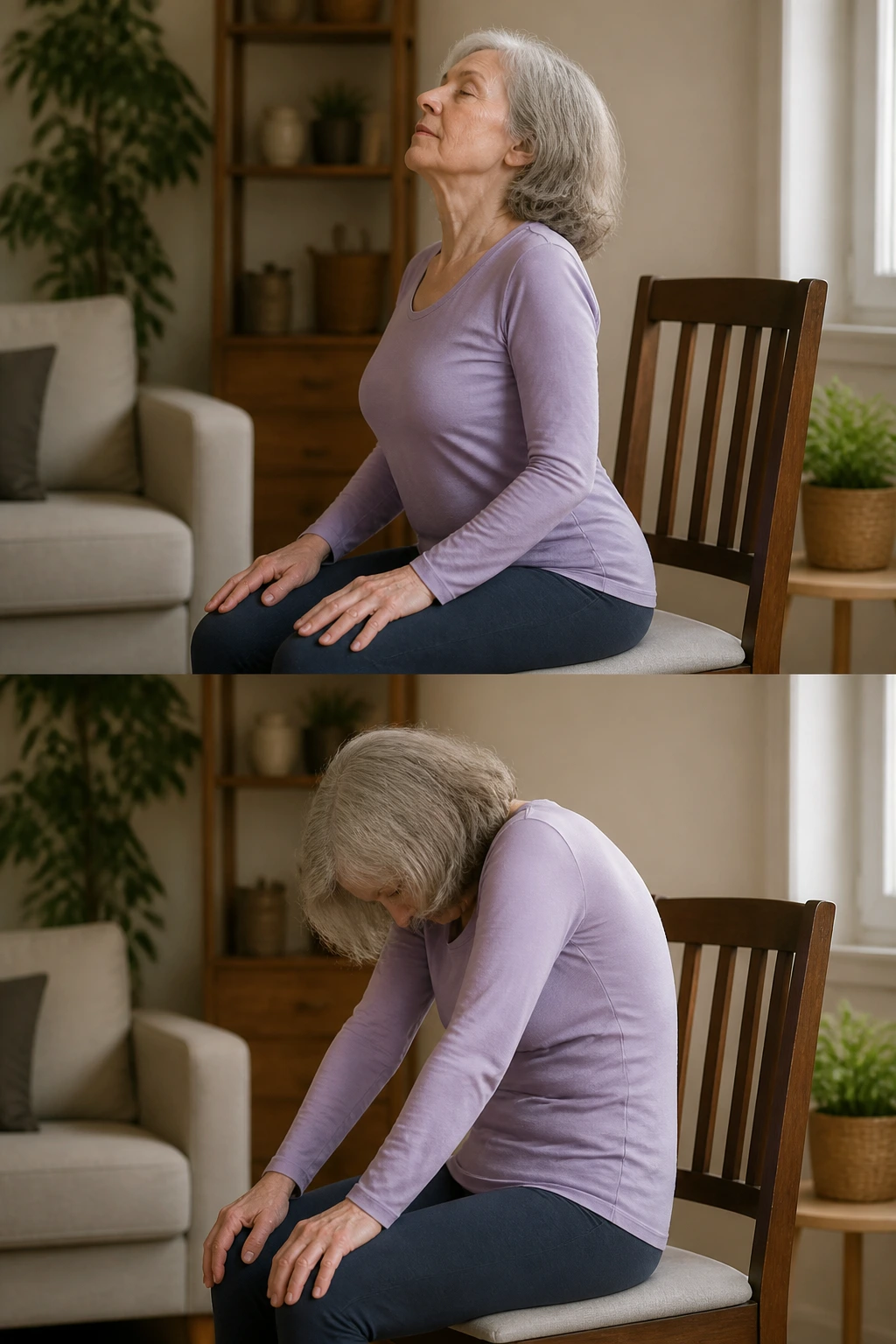 Senior woman performing seated cat-cow to mobilize the spine