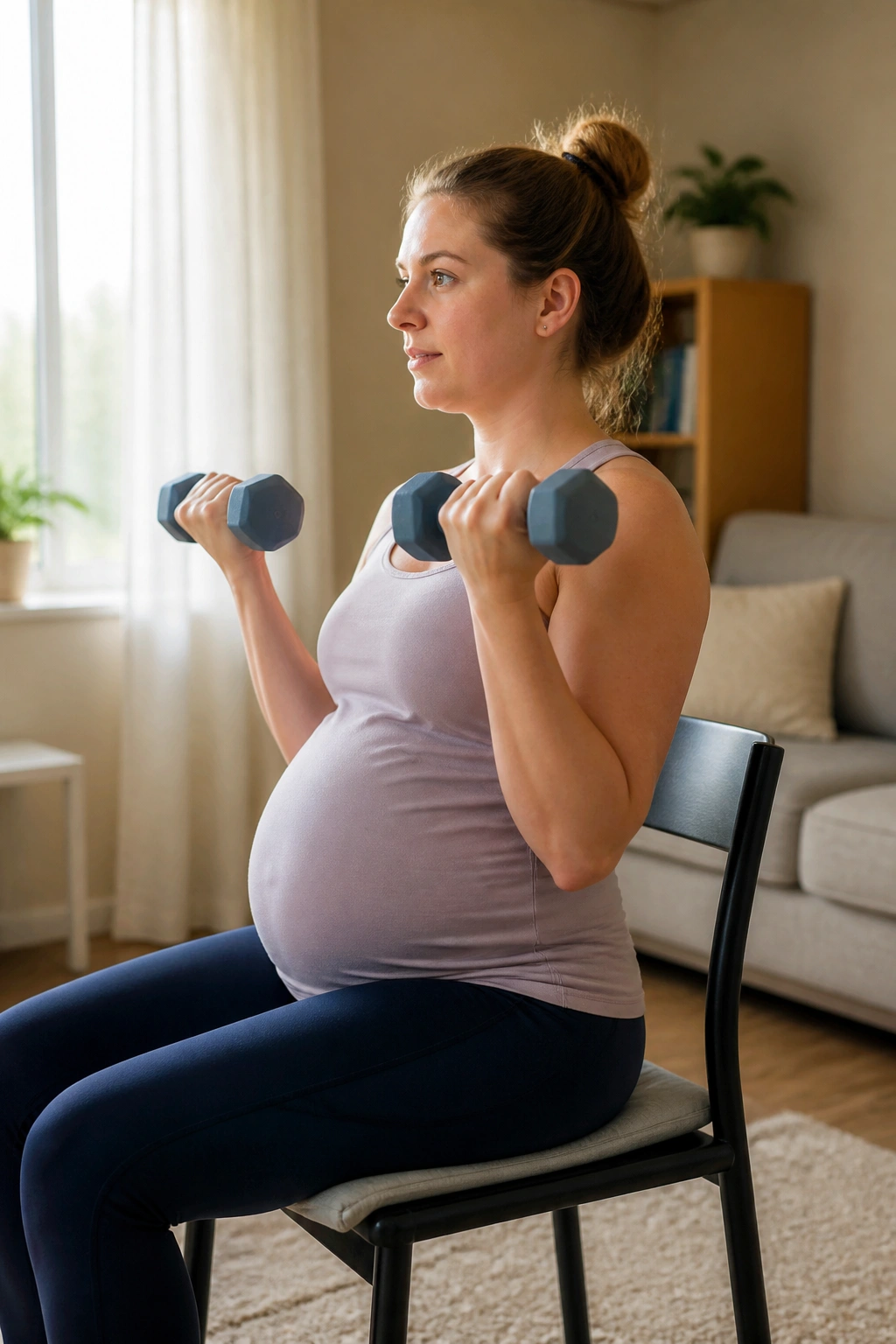 Close-up of a person seated performing dumbbell curls with light weights in a home setting