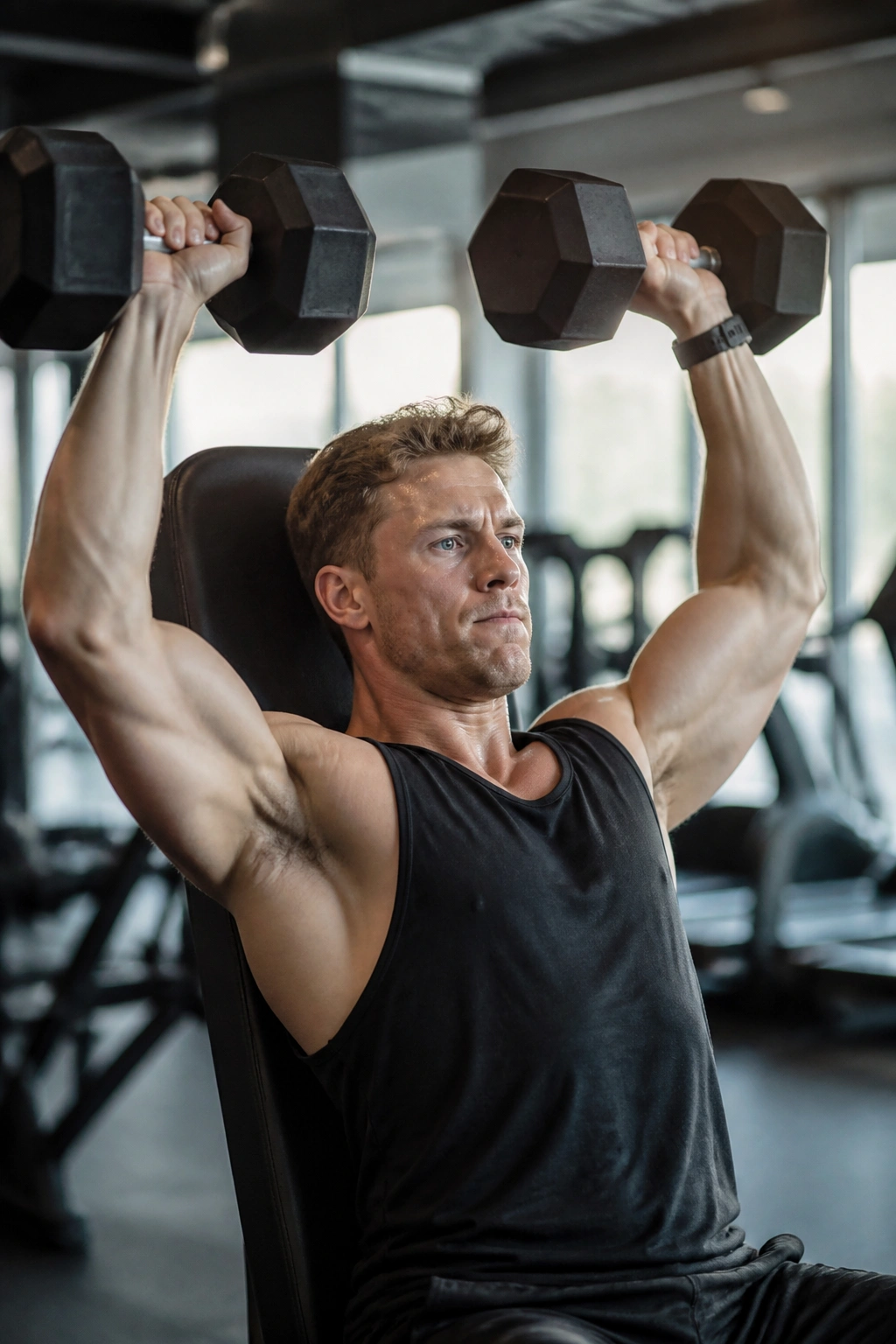 Seated dumbbell press demonstrating shoulders and arms in a gym setting.