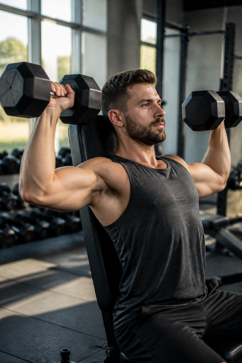Seated dumbbell press with slow eccentric descent