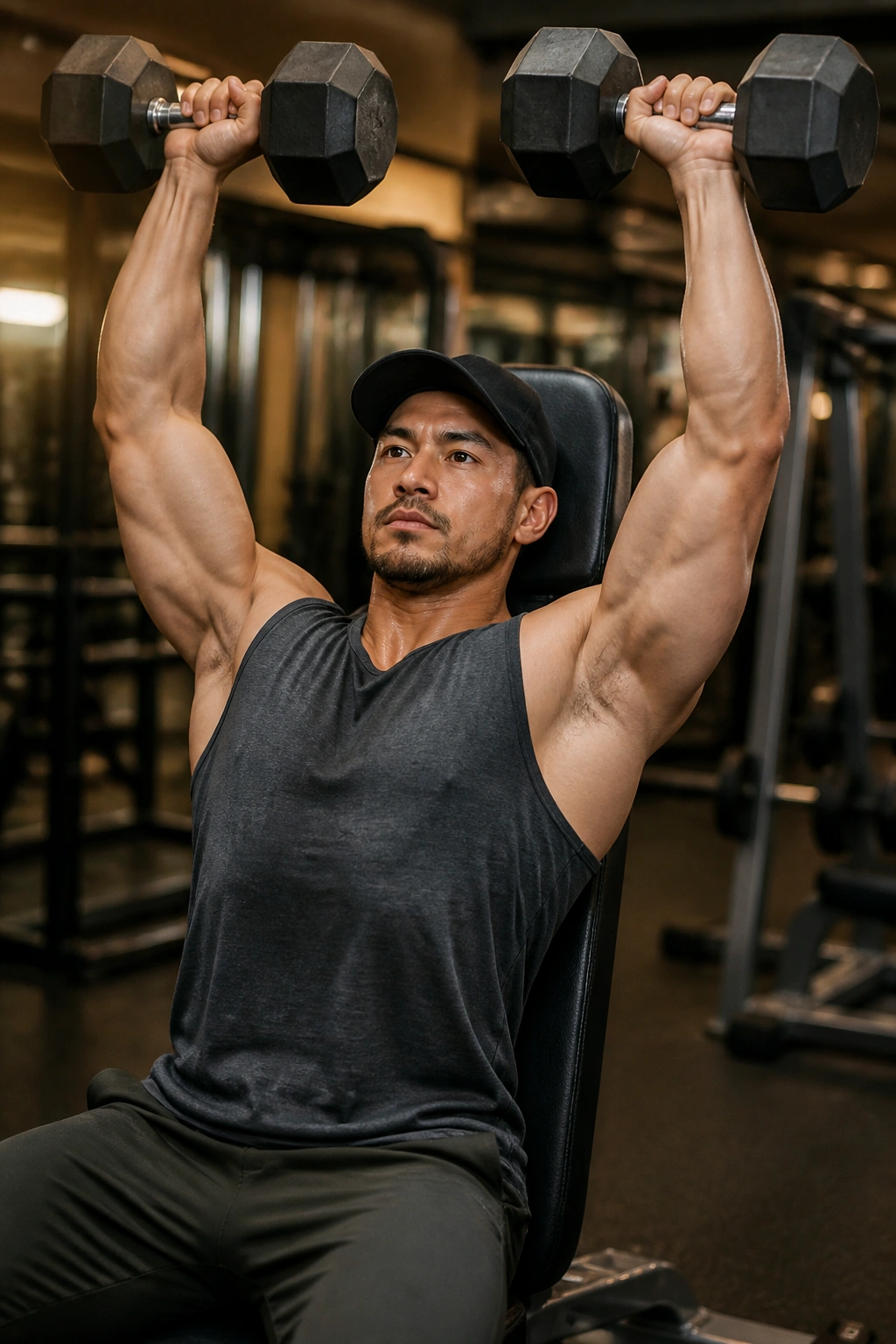 Lifter seated dumbbell shoulder press in gym
