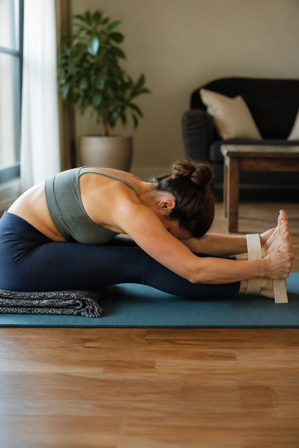 Real person in Seated Forward Bend at home with strap and blanket support