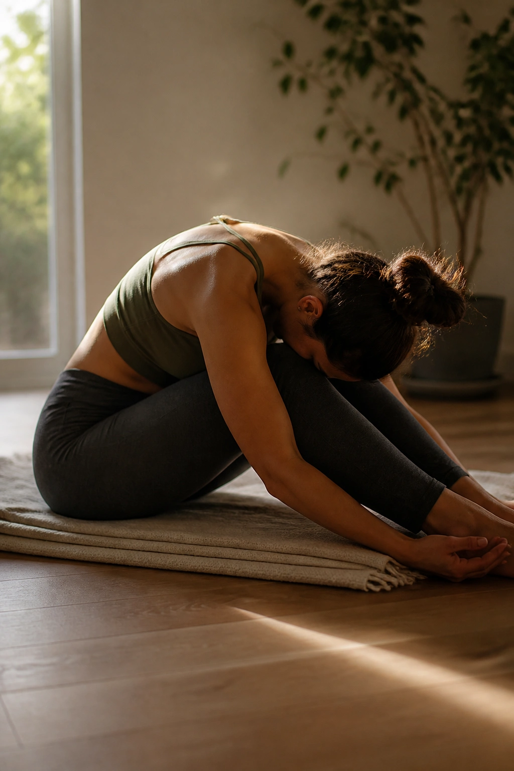 Person in seated forward fold with bent knees in a calm home setting.