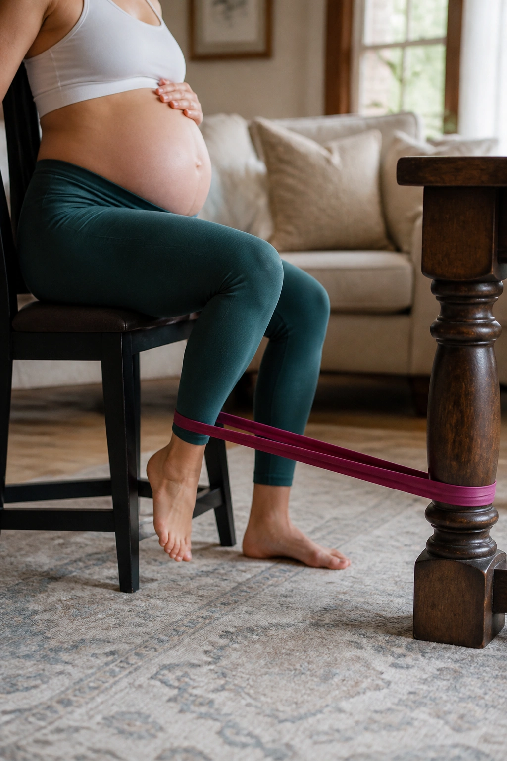 Close-up of a pregnant woman performing seated hamstring curls with a resistance band anchored to a table leg.