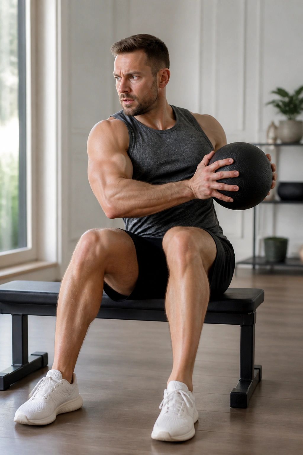 Close-up of a person performing seated torso twists on a bench