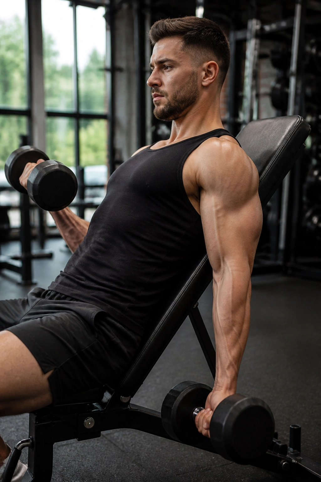 Seated incline dumbbell curl highlighting stretched biceps