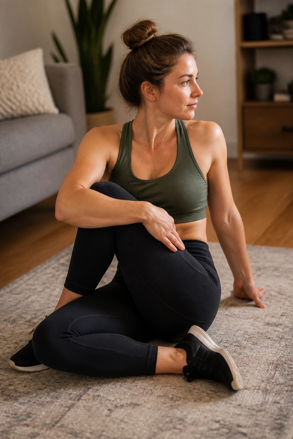 Person seated with leg crossed over, twisting torso to stretch IT band