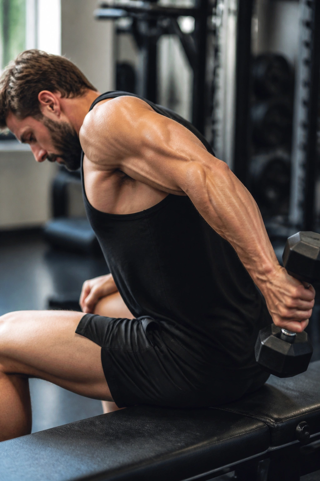 Seated kickback close-up focusing on triceps on bench