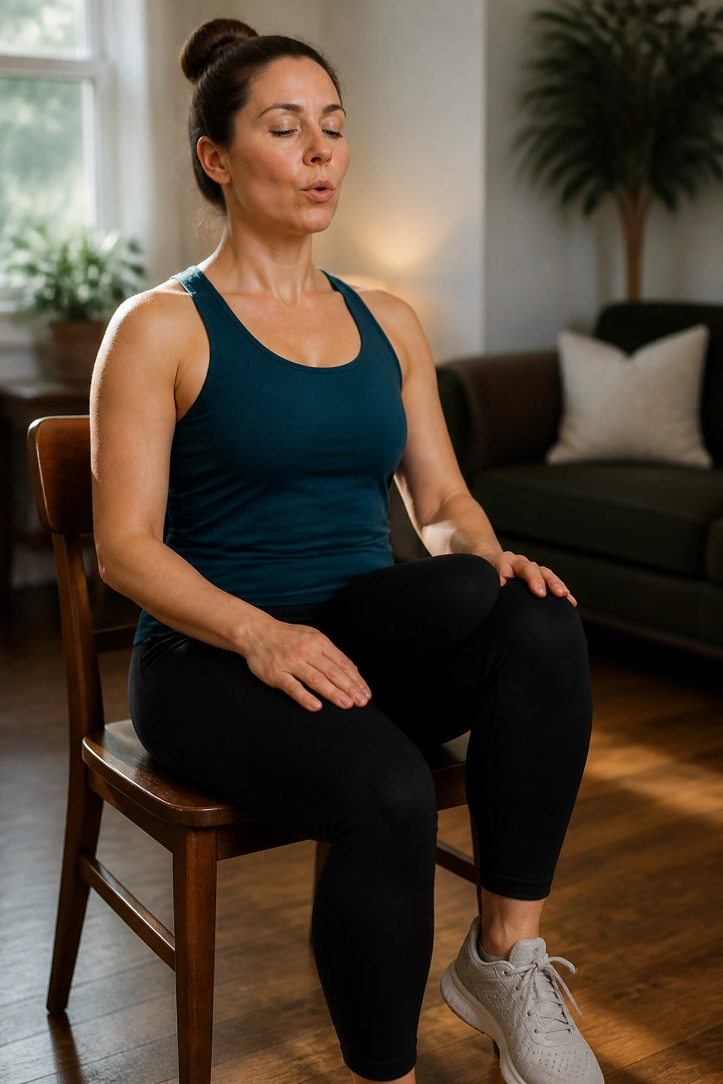 Real person performing Seated Knee Lift with Exhale on a chair to engage core and hip flexors