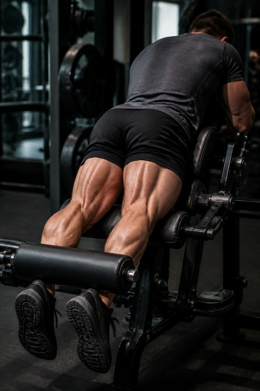 Close-up of hamstrings under tension on seated leg curl machine in gym