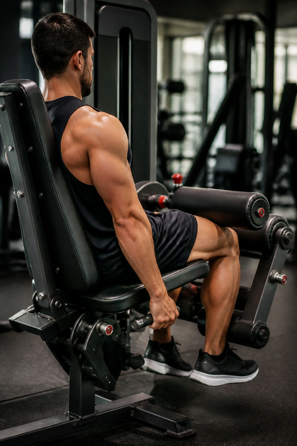 Hamstring isolation during seated leg curl with hips fixed and pad pulling the ankle back