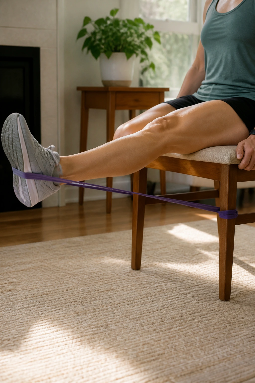 Knee extending while seated with resistance band focusing on quadriceps