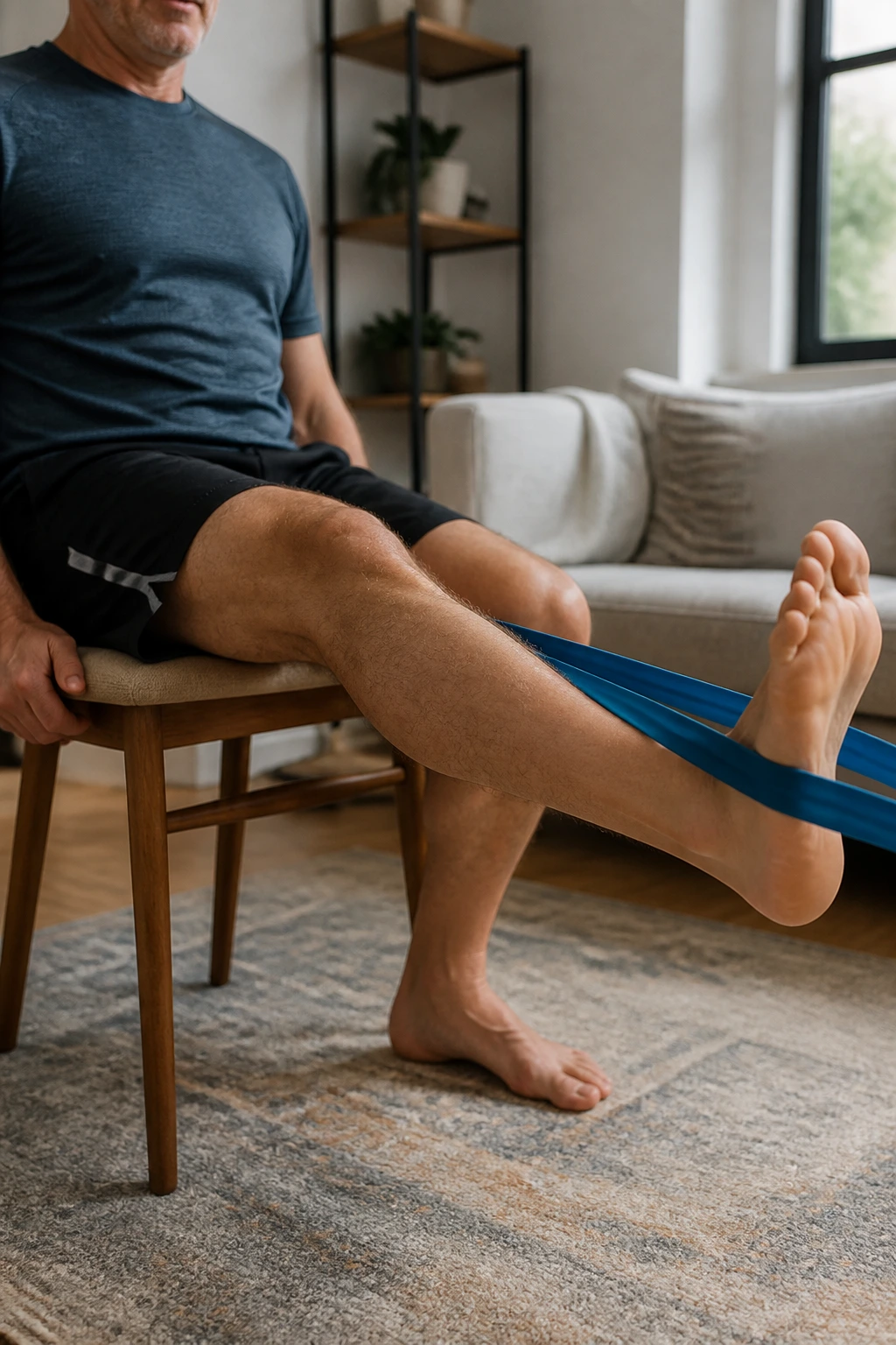 Medium close-up of a leg extended with a resistance band in a home chair setup.