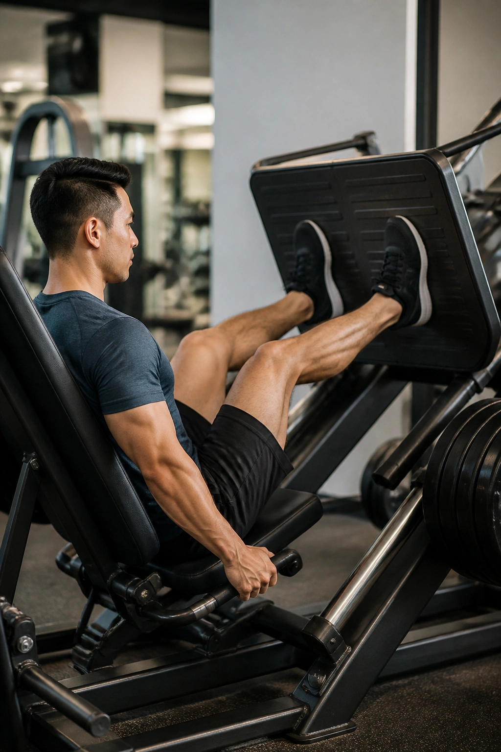 Person using seated leg press machine in gym