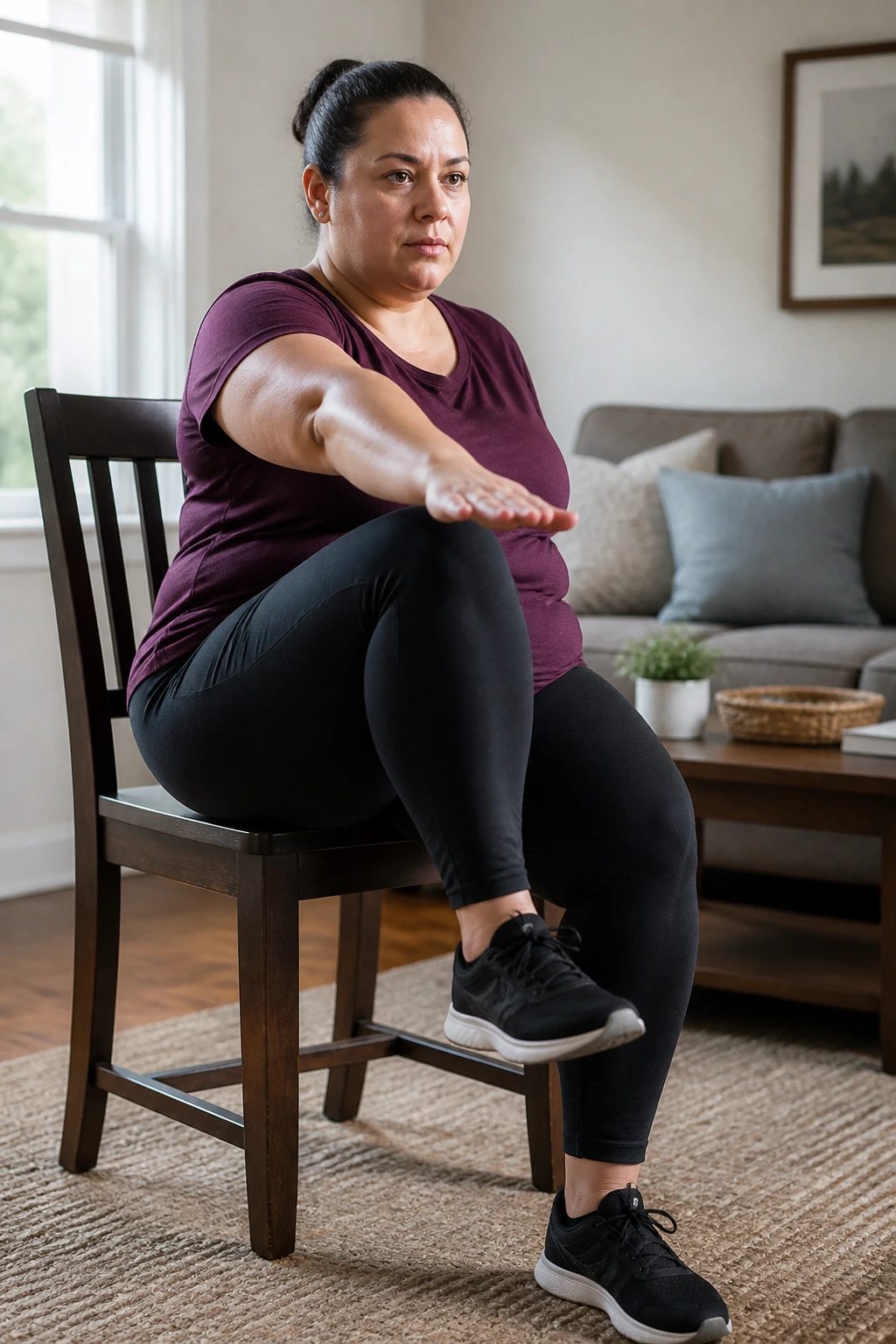 Real woman seated at a chair performing seated march with opposite arm reach in a sunlit living room