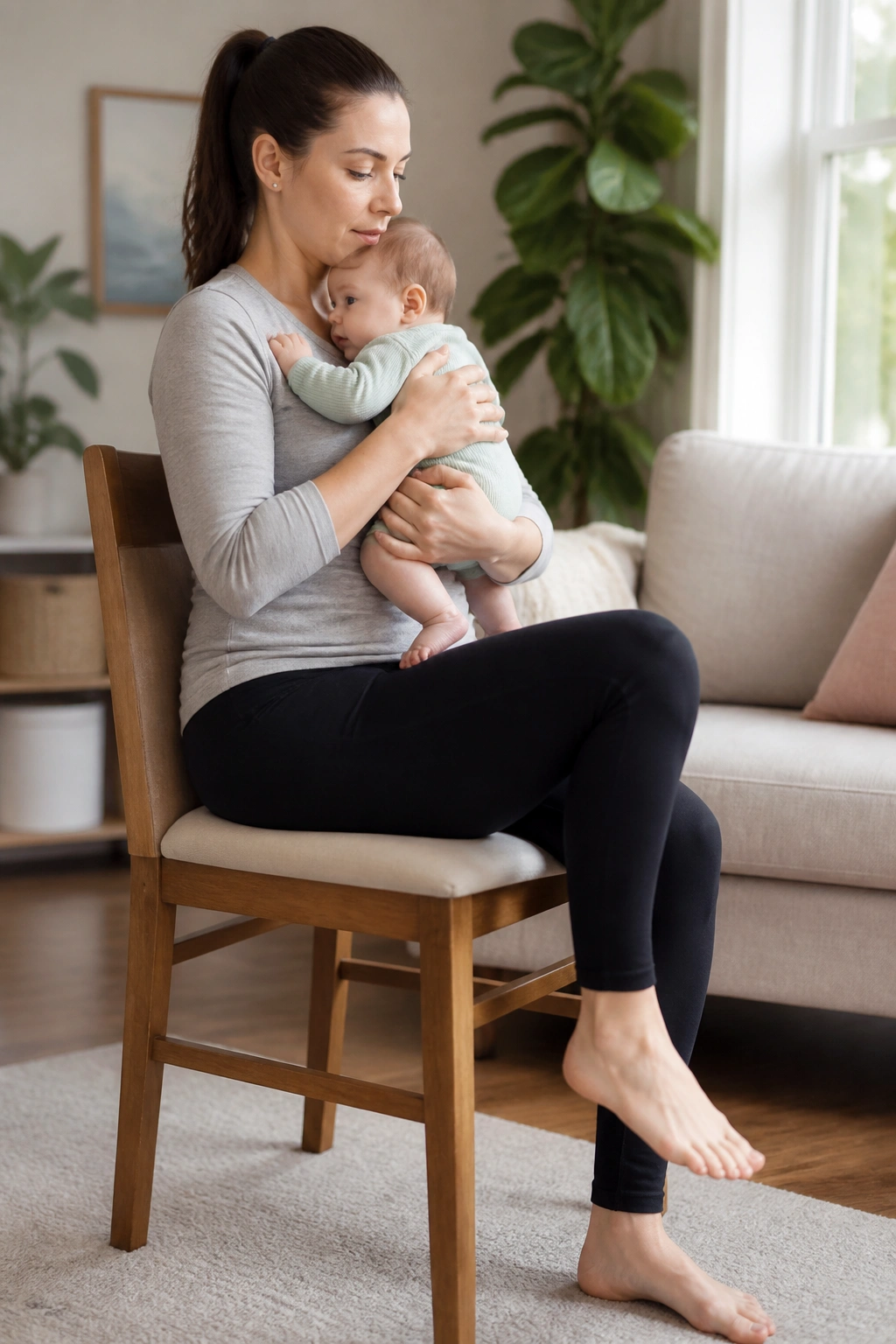 Parent seated marching with baby held close, leg lifted.