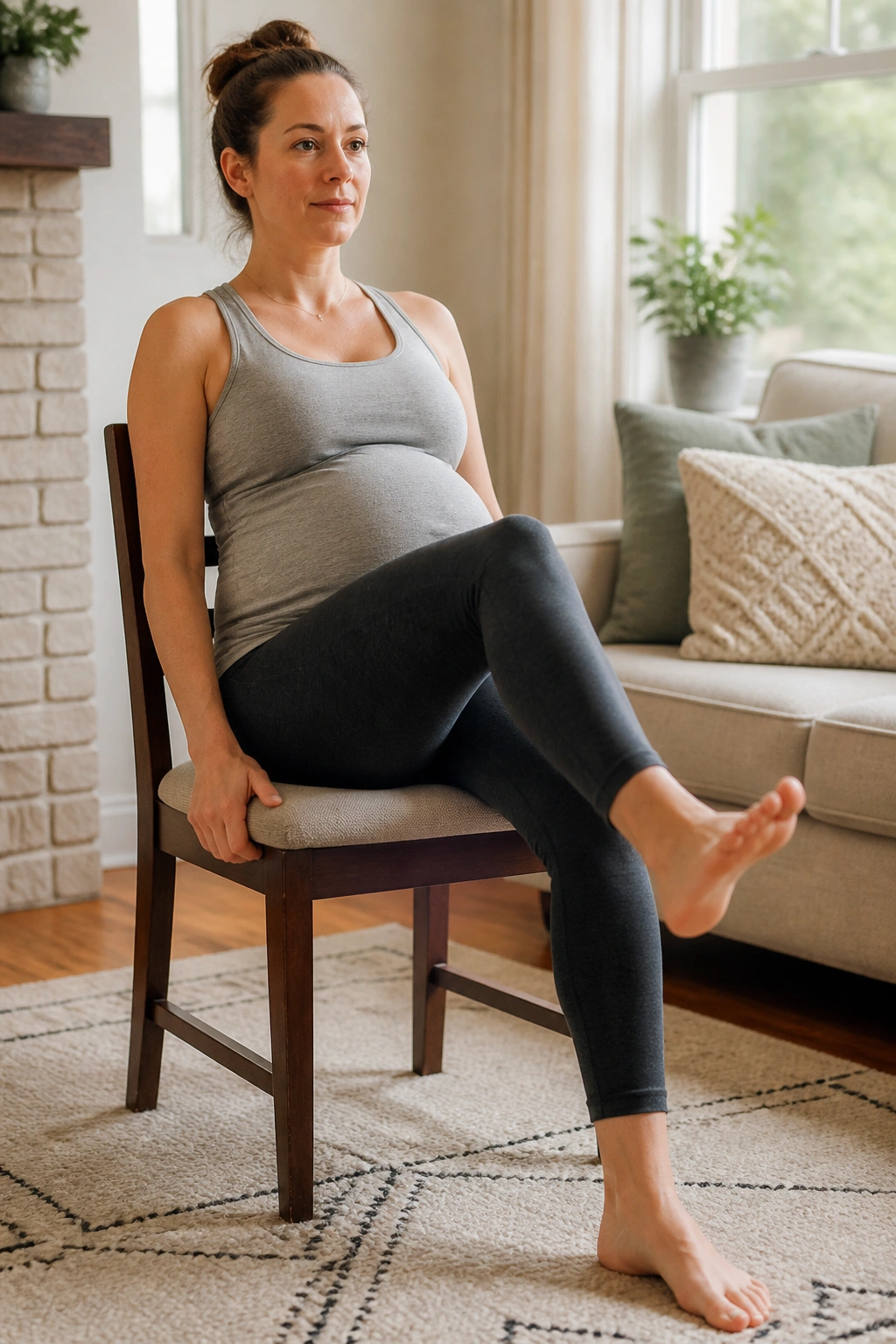 Close-up of pregnant woman seated, performing seated marching with ankle pumps