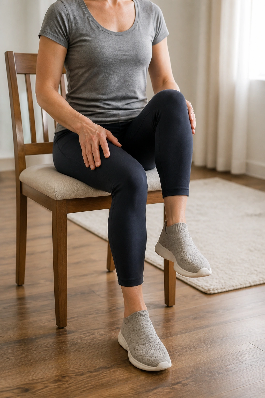 Seated marching exercise with knee lift performed on chair indoors