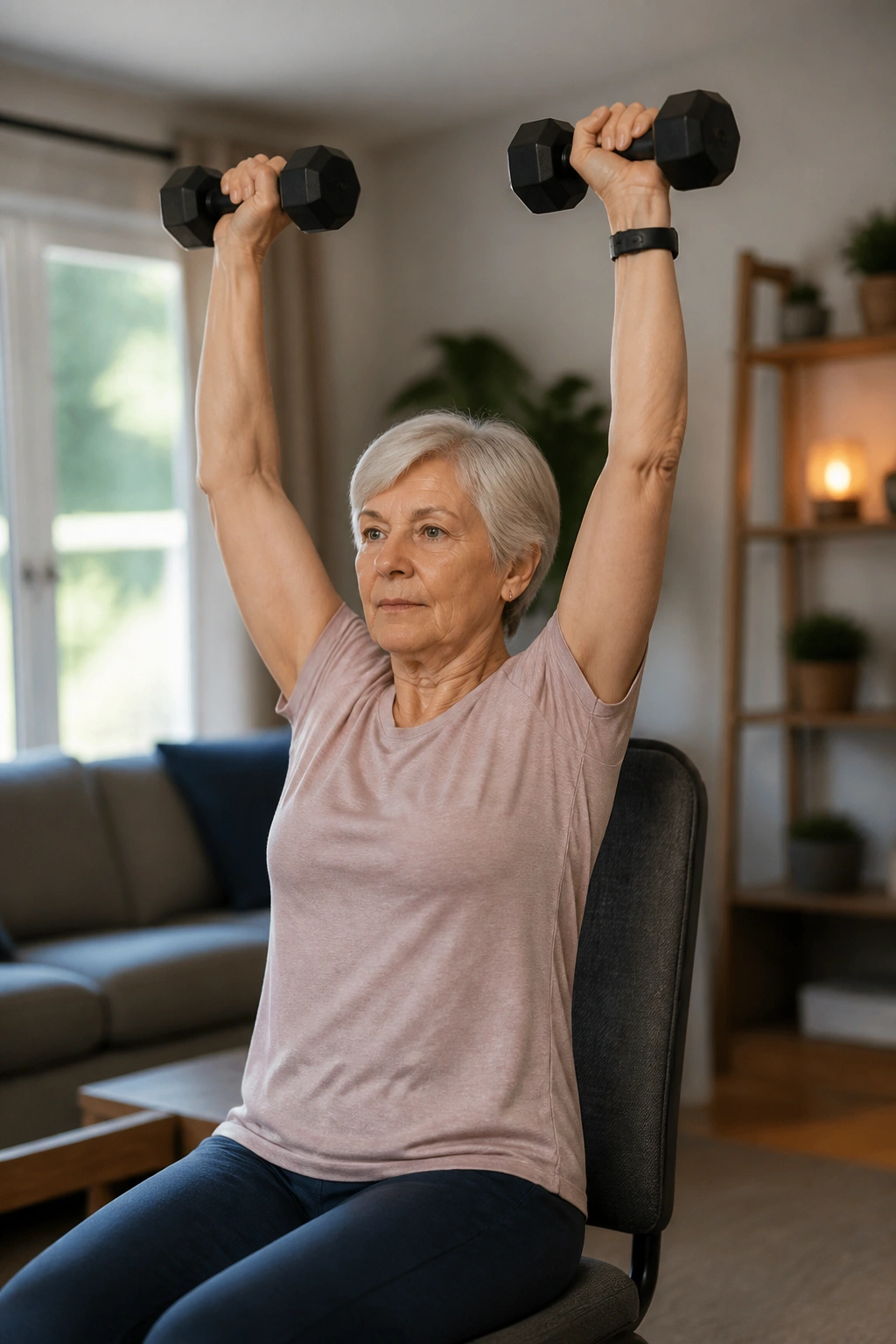 Portrait of a person performing seated overhead press with light dumbbells