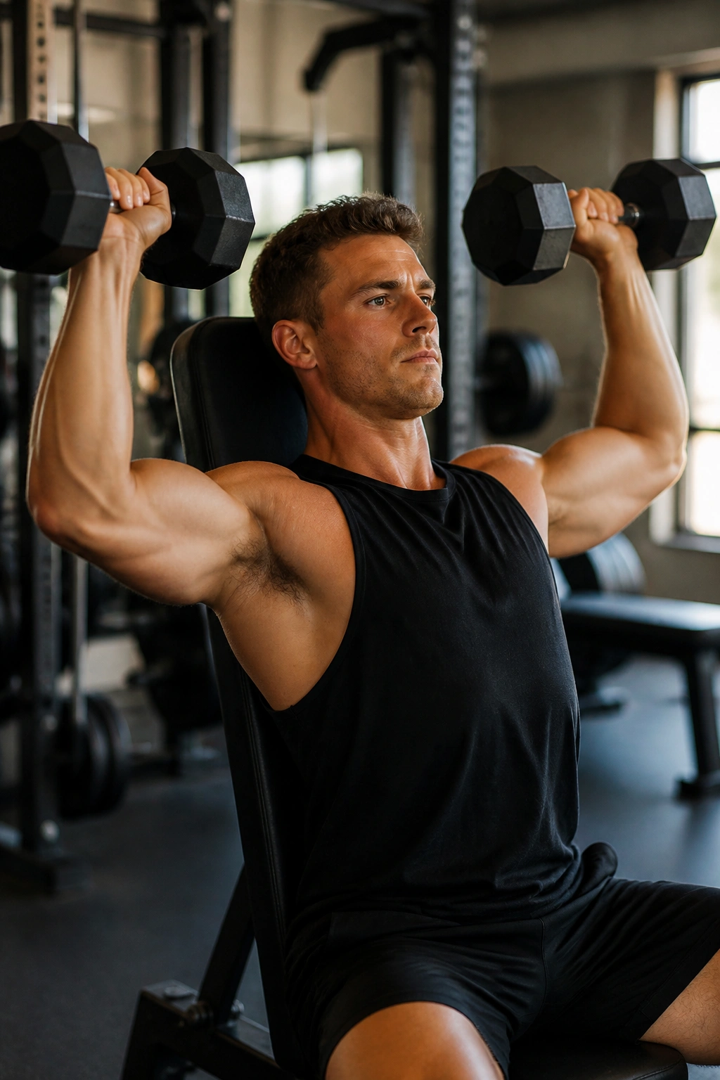 Close-up of a person performing seated dumbbell shoulder press in gym