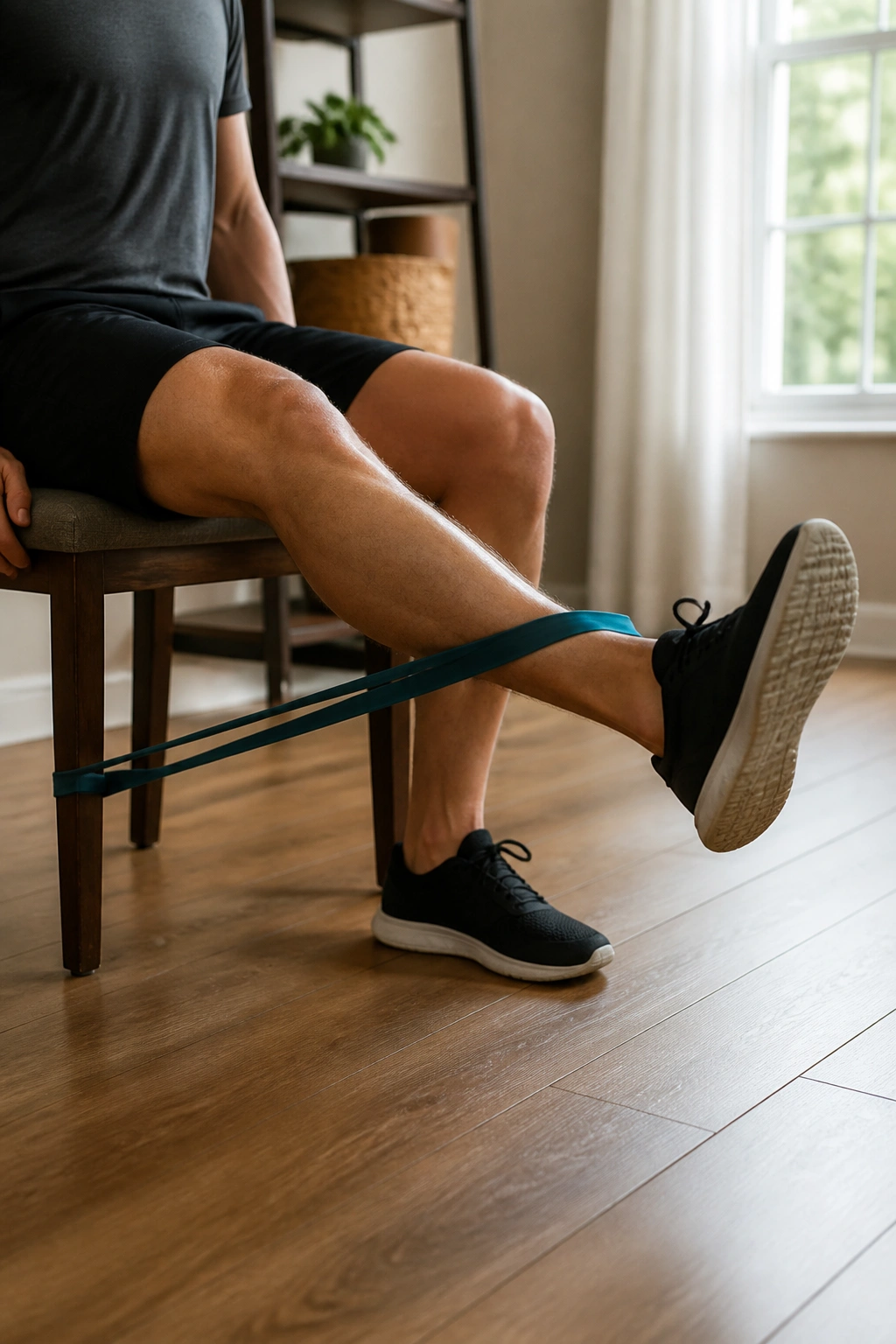 Close-up of seated leg extension with resistance band around ankle in a home gym