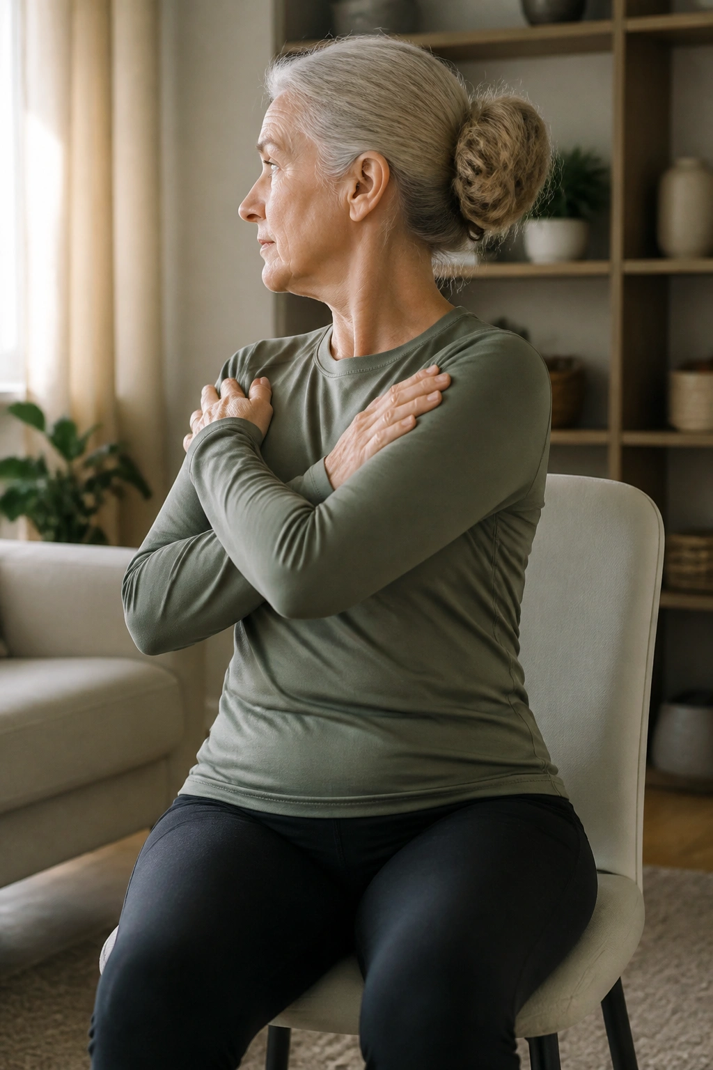 Close-up of a real person performing seated torso rotation in a chair