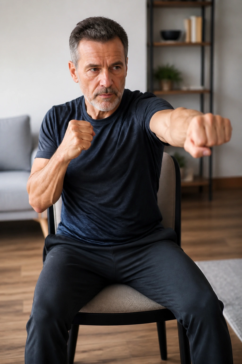 Seated shadow boxing with fists punching forward in a chair