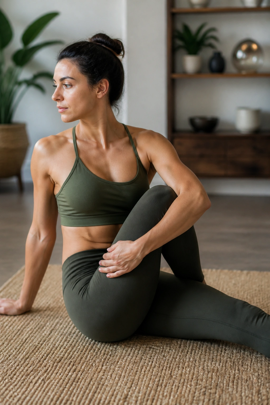 Person performing seated spinal twist in a home setting.