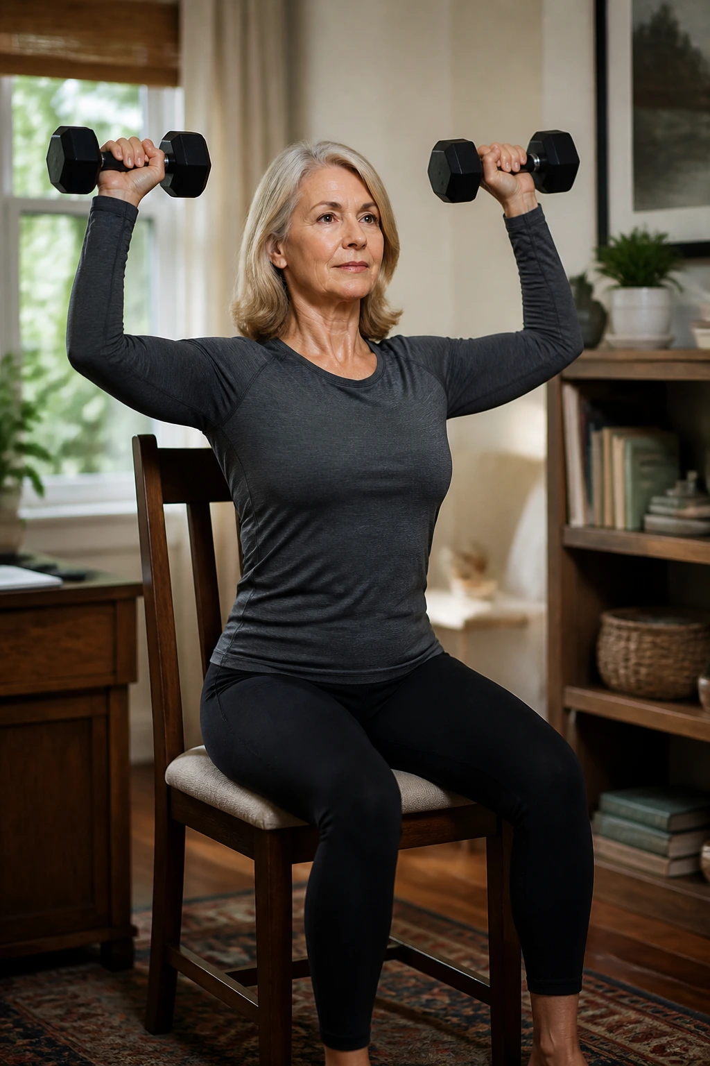Woman performing seated strength training with dumbbells at a chair