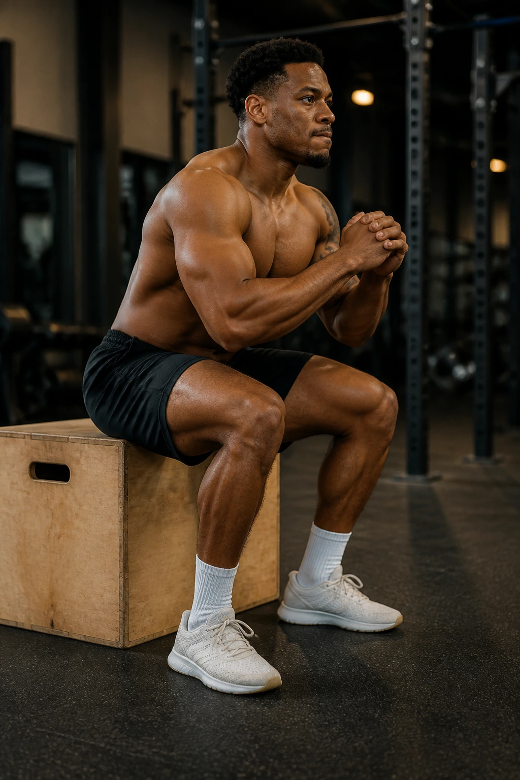 Athlete seated on a box moments before exploding upward into a jump