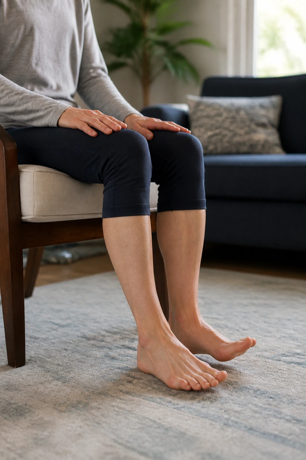 Person seated tapping toes rapidly to improve shin muscles and circulation