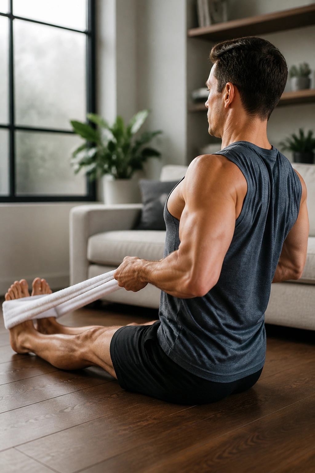 Person seated on floor performing Seated Towel Rows with towel around feet in a home setting