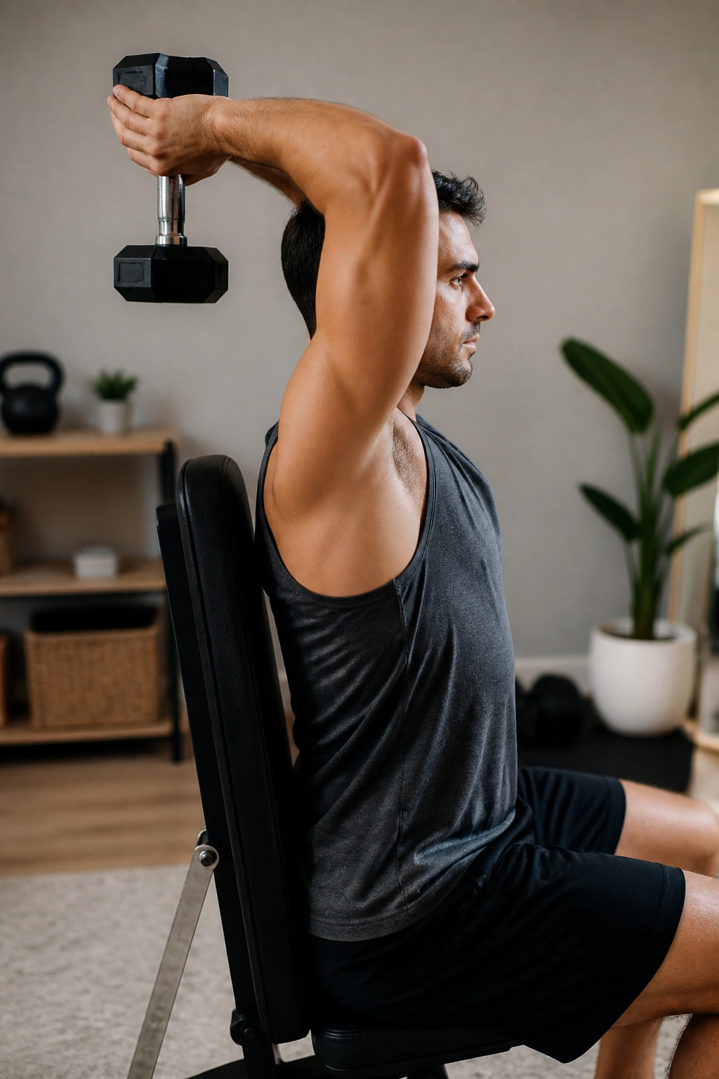 Side profile of a person performing seated triceps extension with a dumbbell in a home setup.