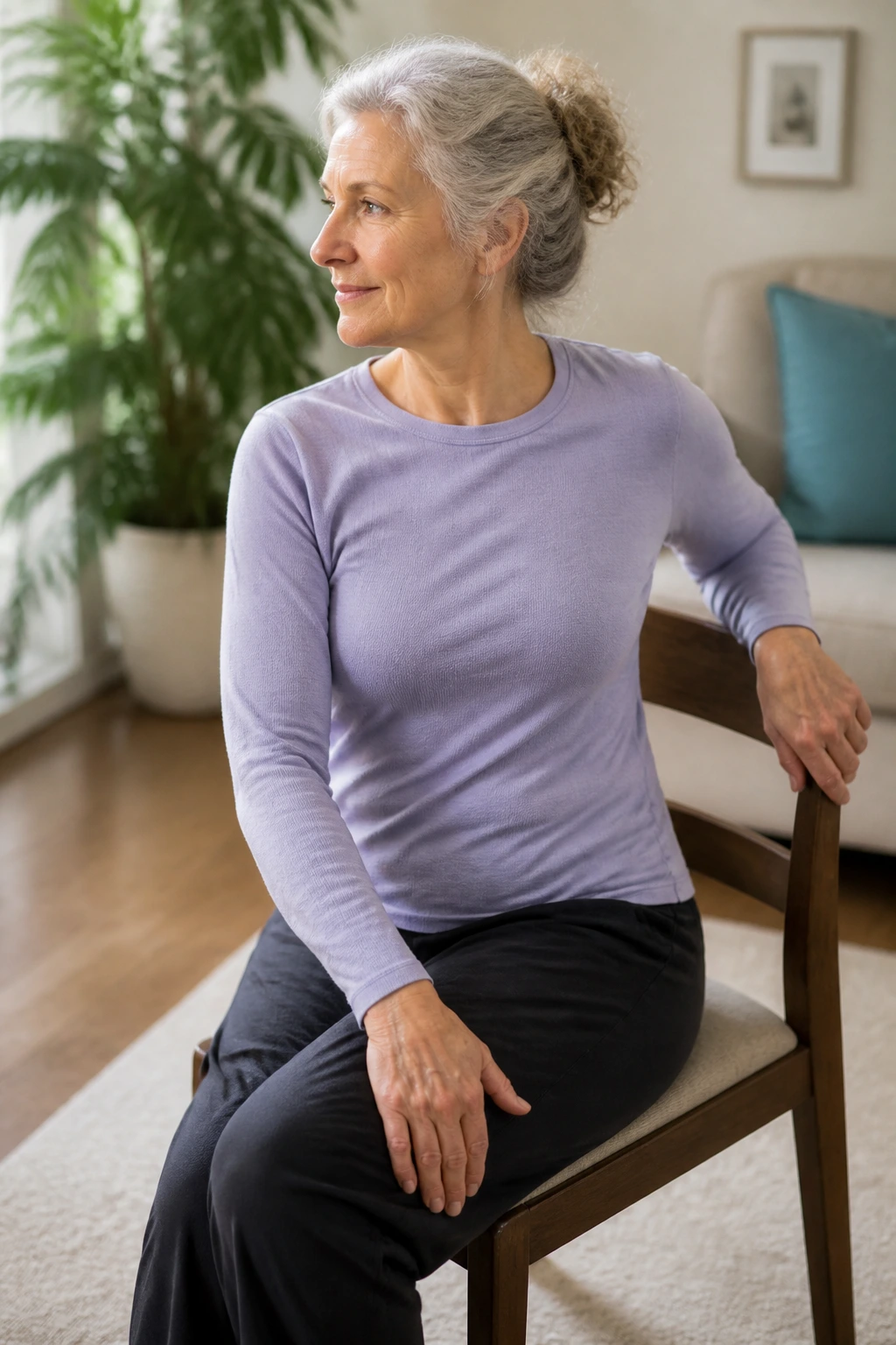 Senior performing seated waist twist with hand on thigh and chair back